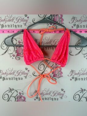 G21 Bikini Top Neon Pink Crochet Triangle Bikini Top with Orange Ties Y2K Neon